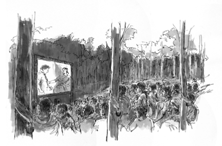Black and white illustration of an outdoor theater